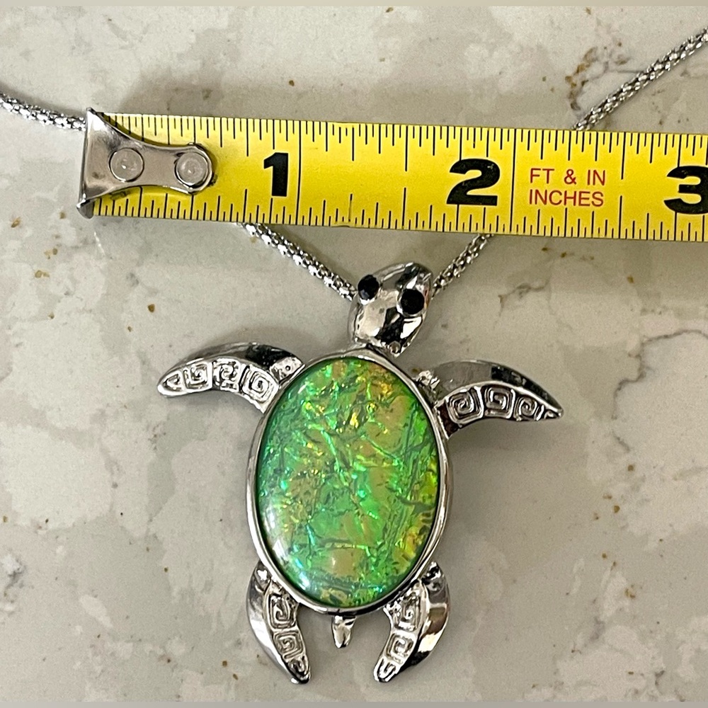 Sterling silver green inlay lab-created opal turtle pendant necklace.